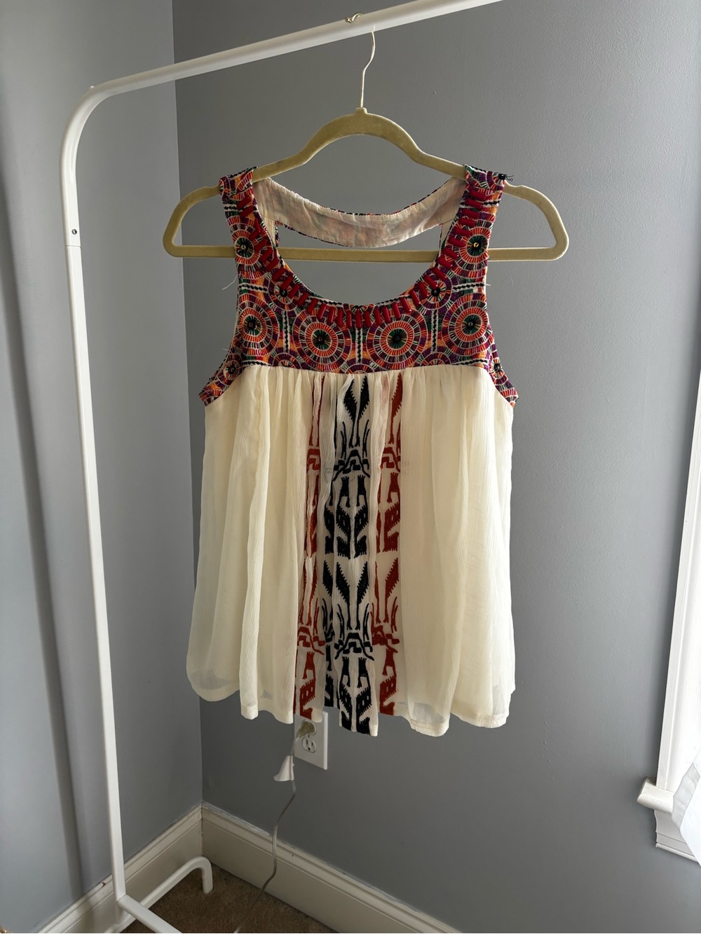 Anthropologie Akemi + Kin •S• Siargao Tank Top Cream Red Embroidered Beaded